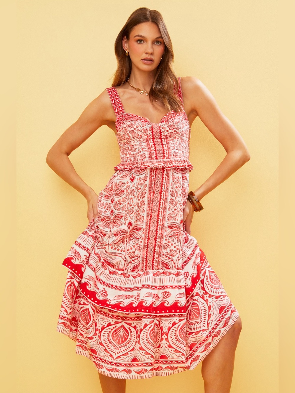 FARM Rio Red and White Printed Midi Dress